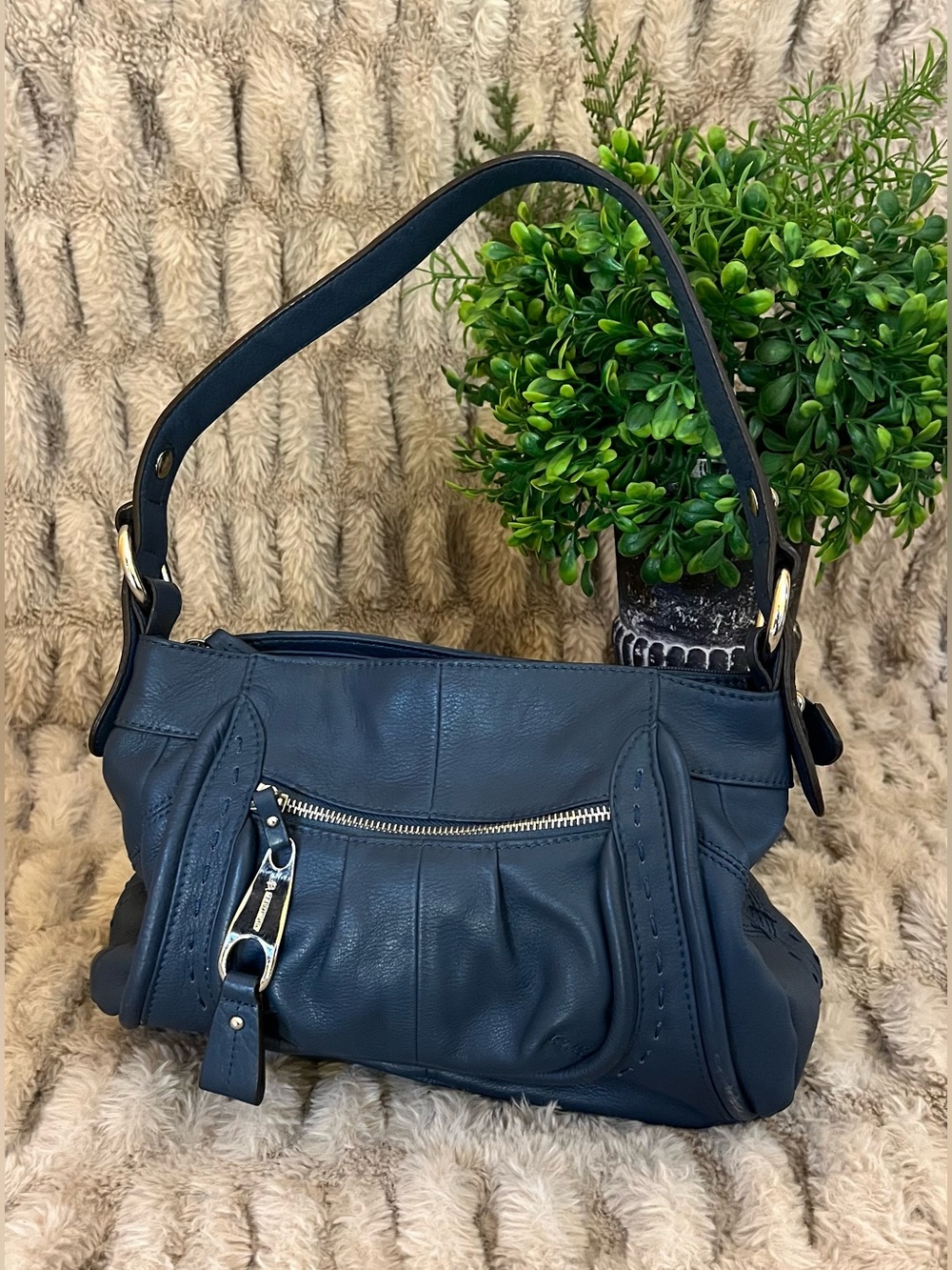b. makowsky Navy Leather Shoulder Bag with Front Zip Pocket